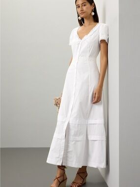 Lace-Trim White Button-Down Maxi Dress